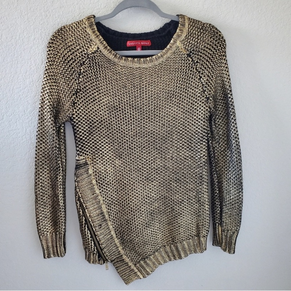 Saks Fifth Avenue Textured Asymmetrical Hem Metallic Gold Sweater
